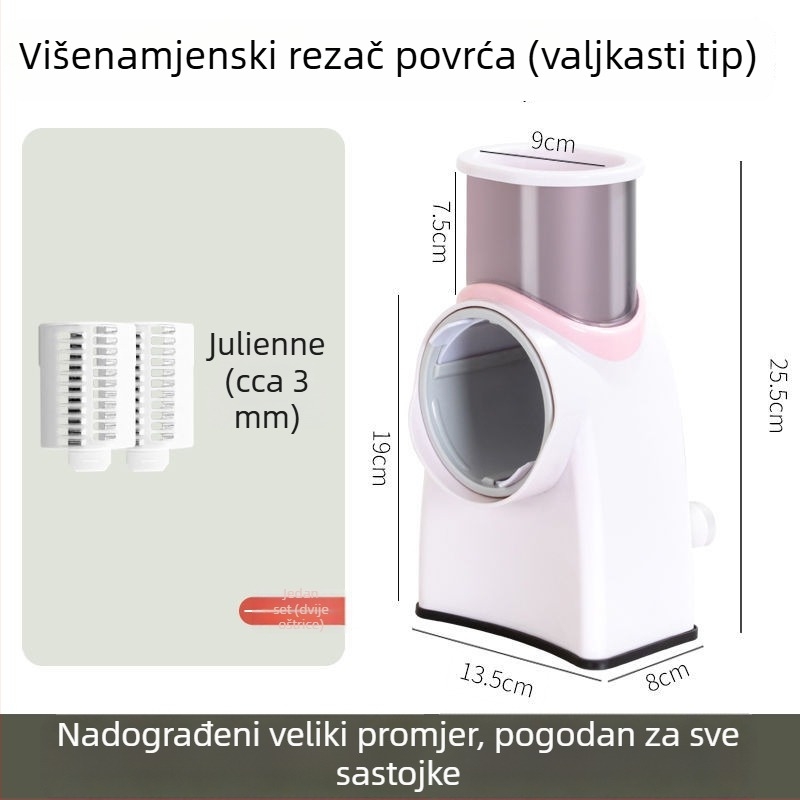 Višenamjenski rezač povrća s ploščatim oštricama za rezanje na ploške, ribanje i nasjeckivanje; rezač za meso; pogodan za krumpire i limune