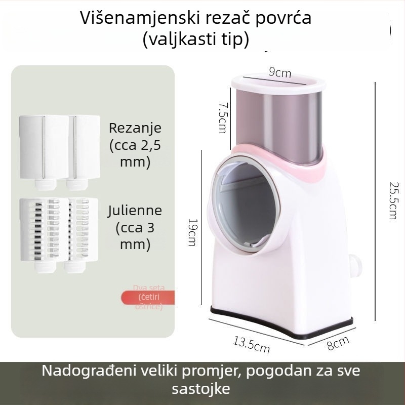Višenamjenski rezač povrća s ploščatim oštricama za rezanje na ploške, ribanje i nasjeckivanje; rezač za meso; pogodan za krumpire i limune