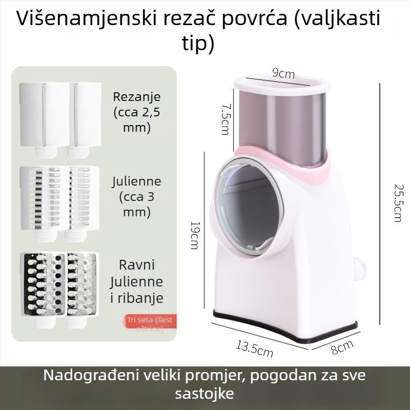 Višenamjenski rezač povrća s ploščatim oštricama za rezanje na ploške, ribanje i nasjeckivanje; rezač za meso; pogodan za krumpire i limune