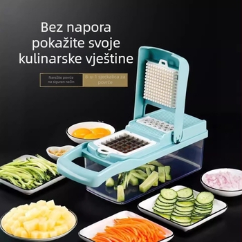 Višenamjenski sjeckalica povrća s mogućnostima rezanja na kockice, rezanja na ploške, ribanja i usitnjavanja