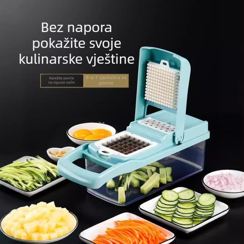 Višenamjenski sjeckalica povrća s mogućnostima rezanja na kockice, rezanja na ploške, ribanja i usitnjavanja