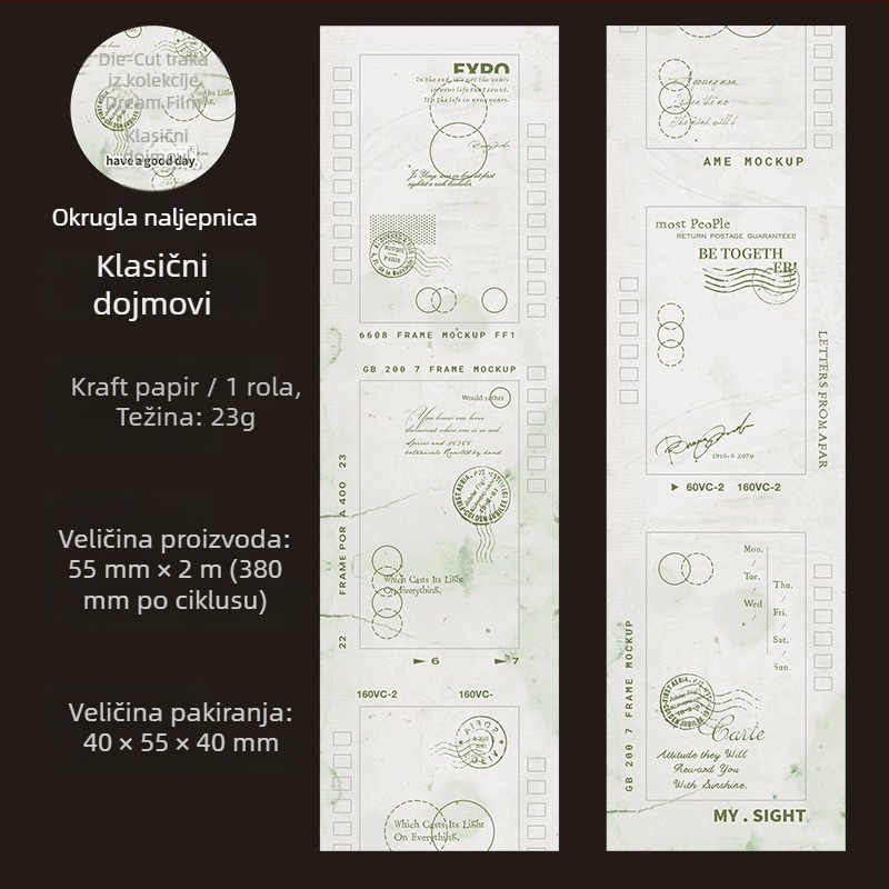 Izrezana traka s filmskim motom na kraft papiru — crno-bijela, blagi retro stil, svestrana