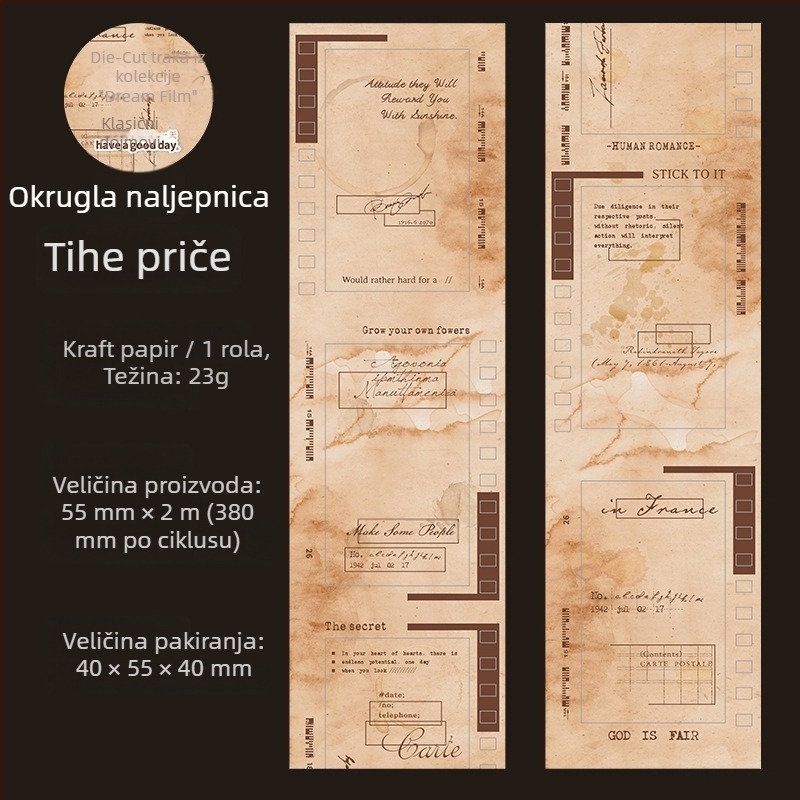 Izrezana traka s filmskim motom na kraft papiru — crno-bijela, blagi retro stil, svestrana