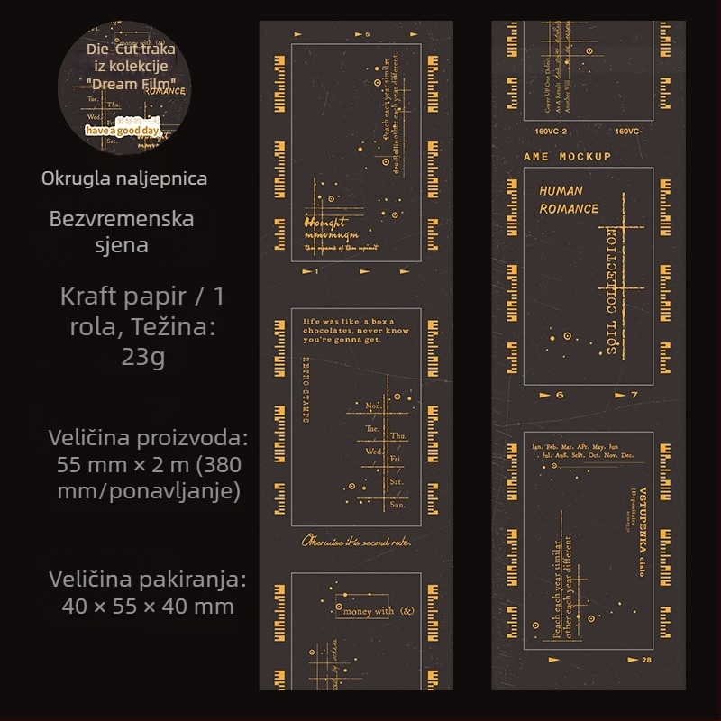 Izrezana traka s filmskim motom na kraft papiru — crno-bijela, blagi retro stil, svestrana