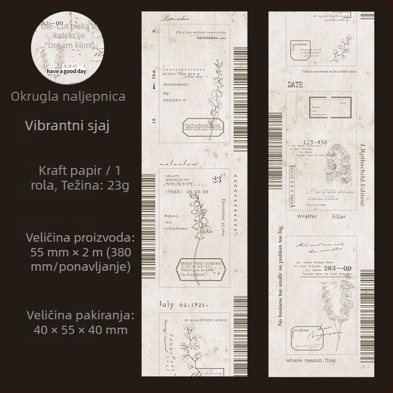Izrezana traka s filmskim motom na kraft papiru — crno-bijela, blagi retro stil, svestrana