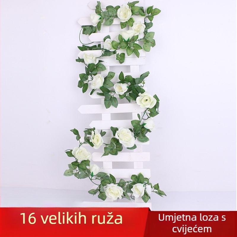 Svilen vinova loza s ružama, 2.2 m, 16 umjetnih cvjetova, zidna dekoracija za vjenčanje i fotografiranje, kućna dekoracija