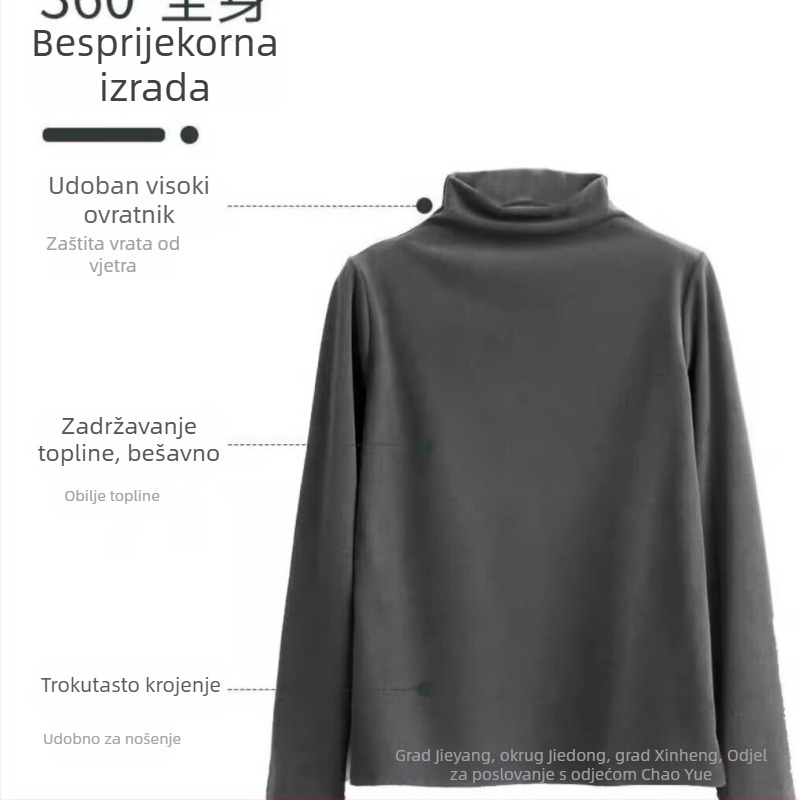 Težak dvostrani flis zimski top za žene, uski kroj, dugi rukavi, pol visoki ovratnik, svestran gornji dio za slojevito odijevanje