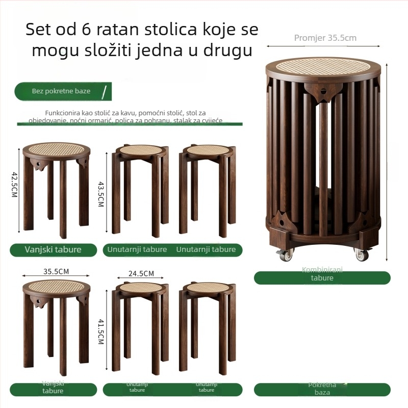Šest u jednom: stohovljiva kružna stolica od masivnog drveta za kućnu upotrebu, višenamjenska kao sjedalo i mali stol.