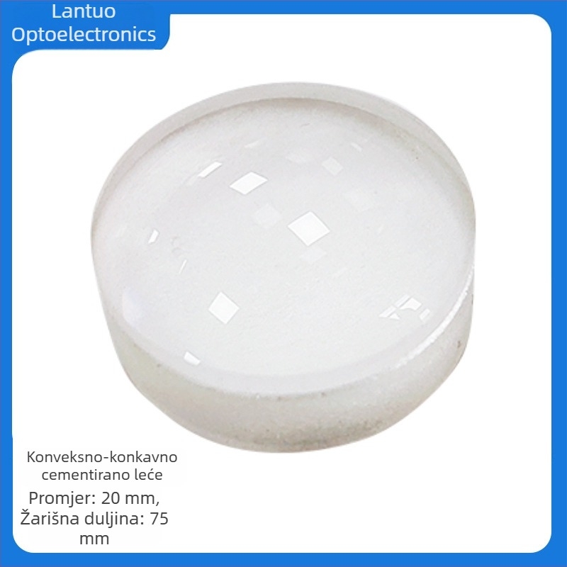 Konkavno-konveksna cementirana leća, promjer 20 mm, fokalna duljina 75 mm, optičko staklo, izrađena po narudžbi prema crtežima ili uzorcima