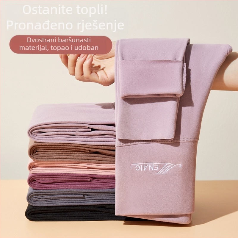 Dvostrani velur termo legginge s visokim strukom, uske, bez šavova, fleece podstava, tople za žene, jesen-zima