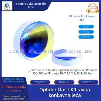 K9 planokonkvavna leća, promjer 6/12.7/25/25.4/50.8 mm, optički antirefleksijski premaz, vidljivo svjetlo 350–700 nm