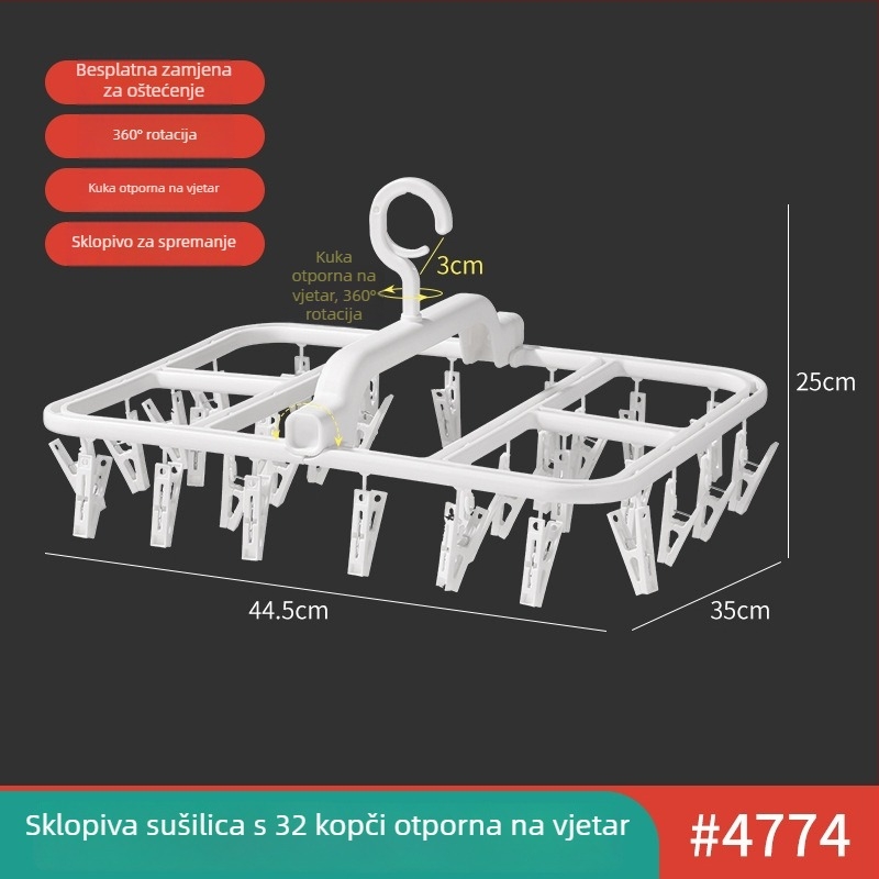 Plastični stalak za sušenje odjeće s klamericama za čarape i donje rublje, krilnatog oblika, mobilan, za studentsku sobu