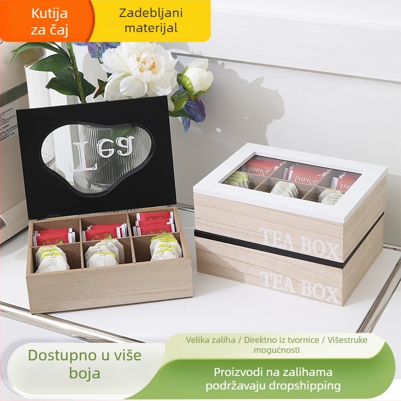 Drvena kutija za organiziranje čajeva i vrećica za kavu s prozirnim staklenim poklopom, višenamjenski spremnik za stolni čaj (24,5×19×8 cm, 500 ml kapacitet)