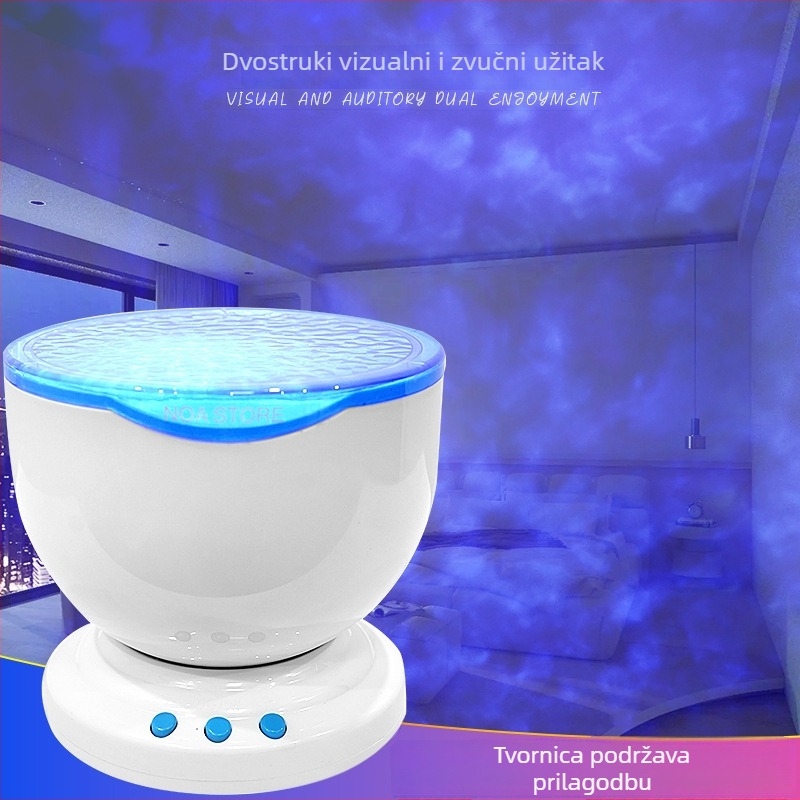 Ovalni stolni projektor s ugrađenim zvučnikom i USB napajanjem, ambijentalno svjetlo s oceanskom aurom i valovitim uzorcima