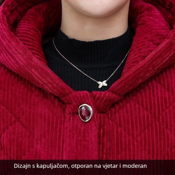 Corduroy zimcka jakna za žene, s flekso podstavljenom i debeljom, s kapuljom, širokog kroja, za žene srednje dobi i starije