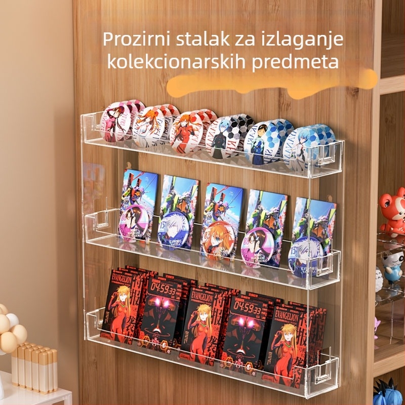 Prozirni akrilni zidni izložbeni stalak s držačem za značke i ljestvasto skladište za kolekcionarske predmete