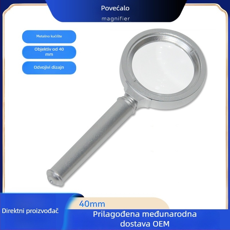 Potpuno metalna, izdržljiva ručna lupa od aluminija, promjera 40 mm, prijenosna lupa za čitanje s visokim uvećanjem