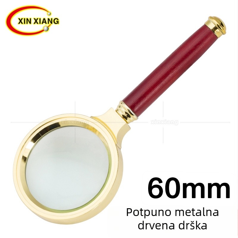 Lupa promjera 60 mm, 8x povećanje, zlatno obojena, cijeli metalni kućište, mahagonija drška, klasičan kolekcionarski komad, poklon