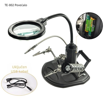 TE-802 Držač za popravak PCB-a sa LED osvjetljenjem, povećalom i držačem za lemilo