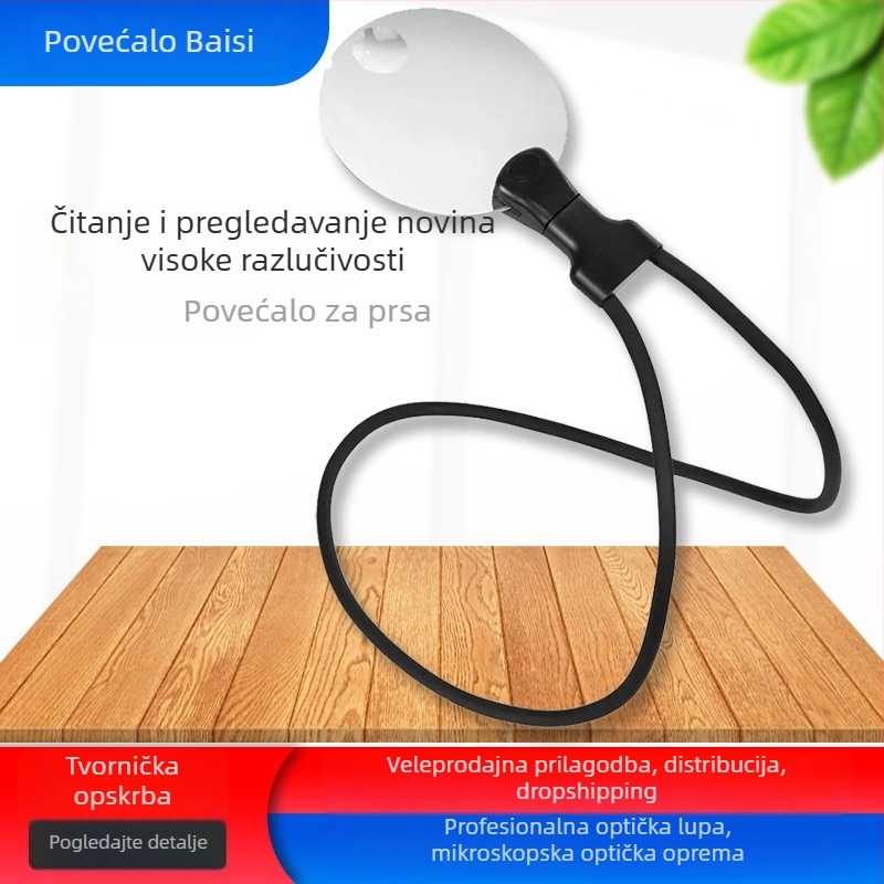 LED povećalo 10x, fleksibilna metalna cijev, prilagodljiv kut, objektiv promjera 110 mm; stolno ili za nošenje oko vrata.