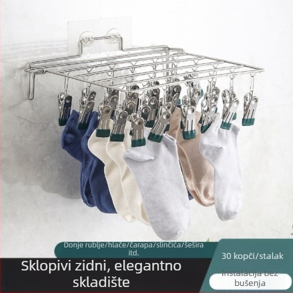Skupivi zidni držač za čarape od nehrđajućeg čelika, bez bušenja, organizator za čarape i donje rublje, sušenje odjeće kod kuće i u studentskom domu