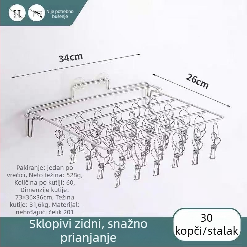 Skupivi zidni držač za čarape od nehrđajućeg čelika, bez bušenja, organizator za čarape i donje rublje, sušenje odjeće kod kuće i u studentskom domu