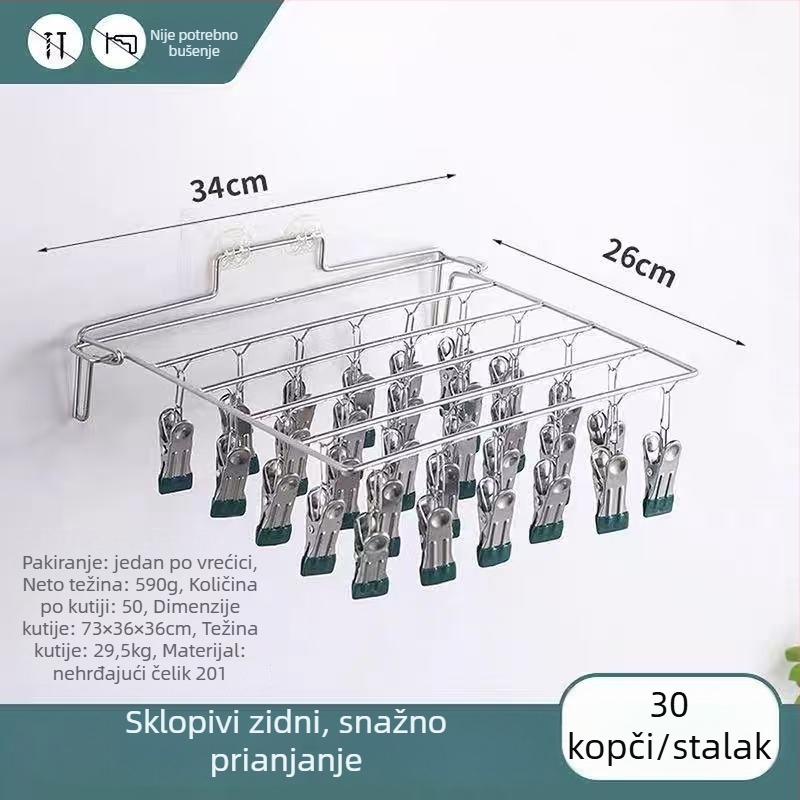 Skupivi zidni držač za čarape od nehrđajućeg čelika, bez bušenja, organizator za čarape i donje rublje, sušenje odjeće kod kuće i u studentskom domu