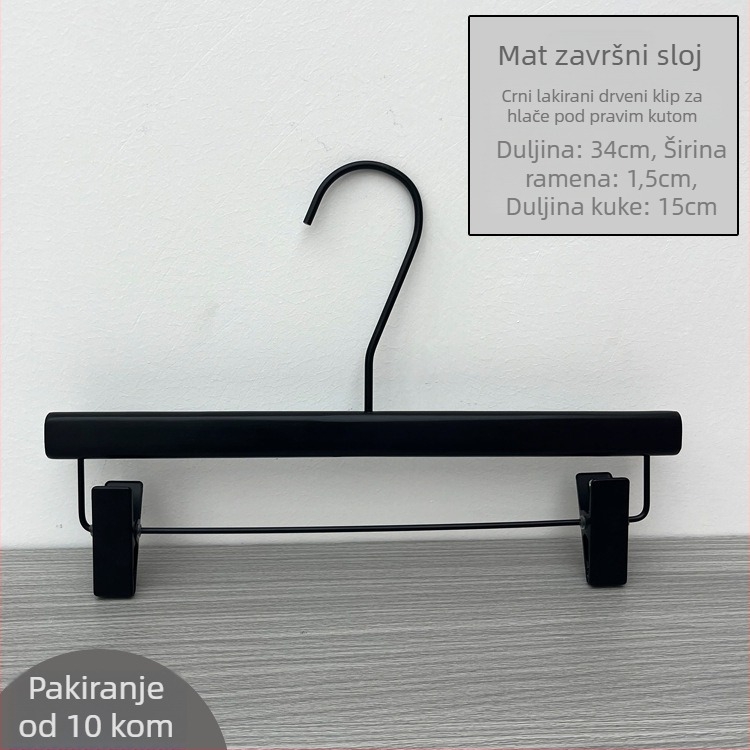 Nove mat crne drvene vješalice za odjeću za trgovine, s klipsama za hlače i logom