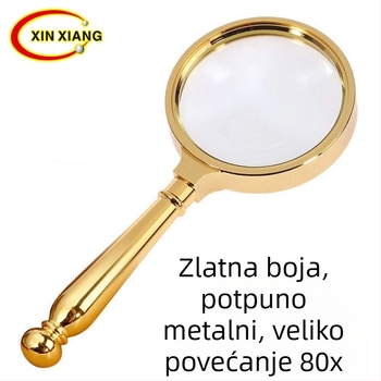 Ručna lupa s okvirom od cinkove legure, promjera 8 cm, 5× povećanje, optičko staklo, boja: antik brončana / zlatna.