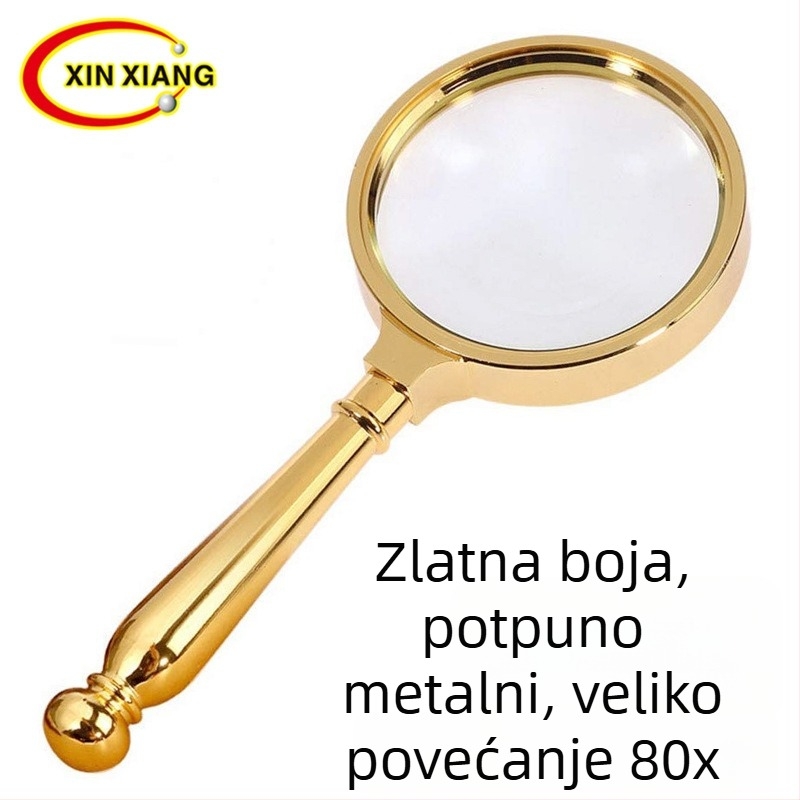Ručna lupa s okvirom od cinkove legure, promjera 8 cm, 5× povećanje, optičko staklo, boja: antik brončana / zlatna.