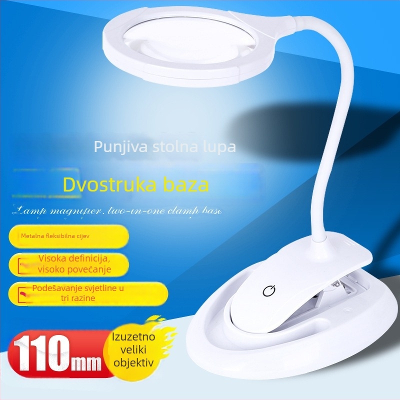 Napajana optička lupa s tri razine osvjetljenja, povećanje 5–10×, 15 LED dioda, stolna ili klipsa za čitanje i popravke