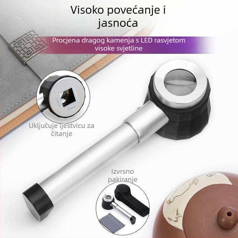 Ručna prijenosna metalna povećala s LED osvjetljenjem, 45× povećanje sa skalom, HD povećalo za čitanje odraslih i djece