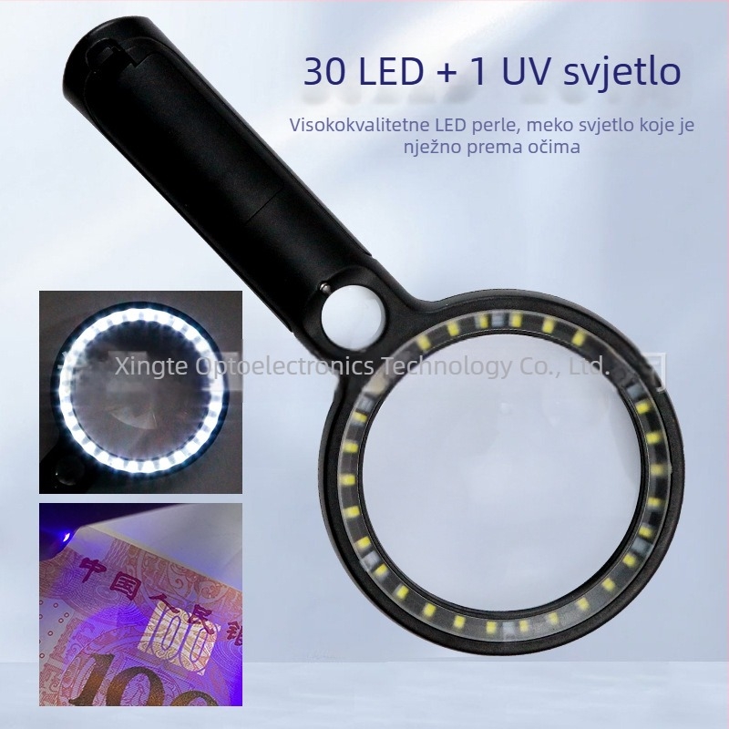 Xingte 30 LED UV lampica za provjeru banknota s asferičnom lećom, povećanje 5x/13x/20x, ručna lupa za čitanje