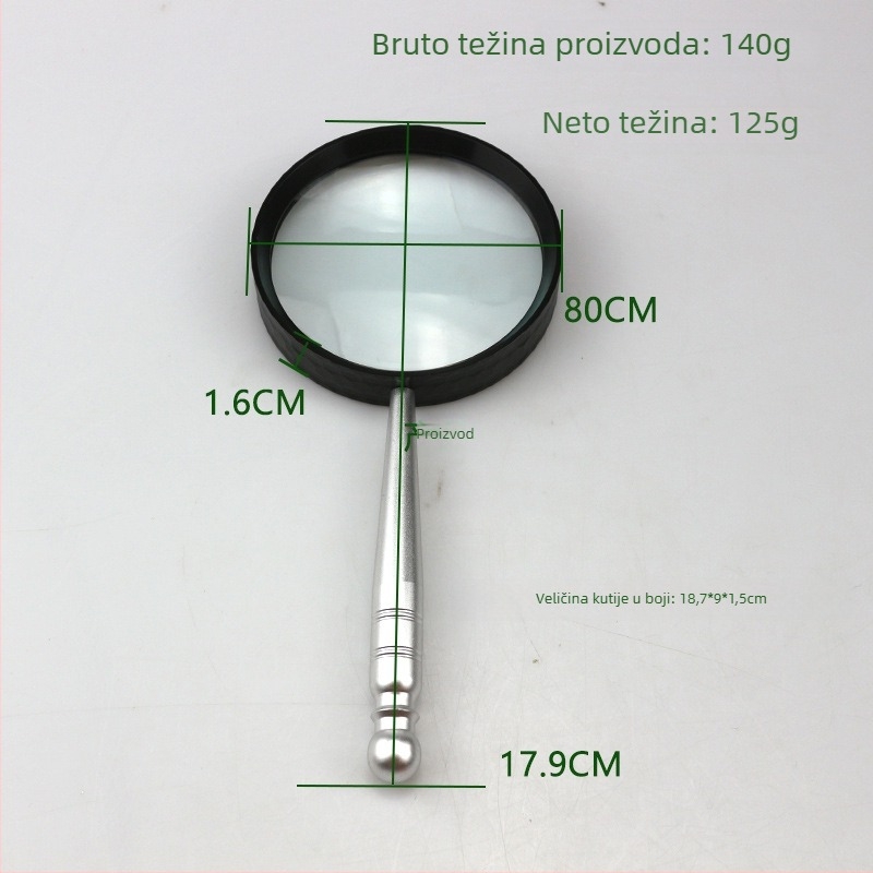 Chuda FD180 Metalna ručna lupa s prismatičnom tehnologijom, 10x povećanjem, staklena leća, promjer 80 mm