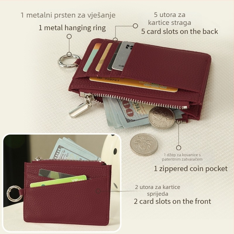 PU kožni držač kartica s uzorkom ličija, ultratanak i kompaktan, s višestrukim pretincima za kartice, prijenosno, prstenom protiv gubitka, unisex