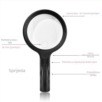 Punjaiva lupa za vrat s 30 LED dioda, 10x povećanje, leća 138 mm, stolna i ručna uporaba