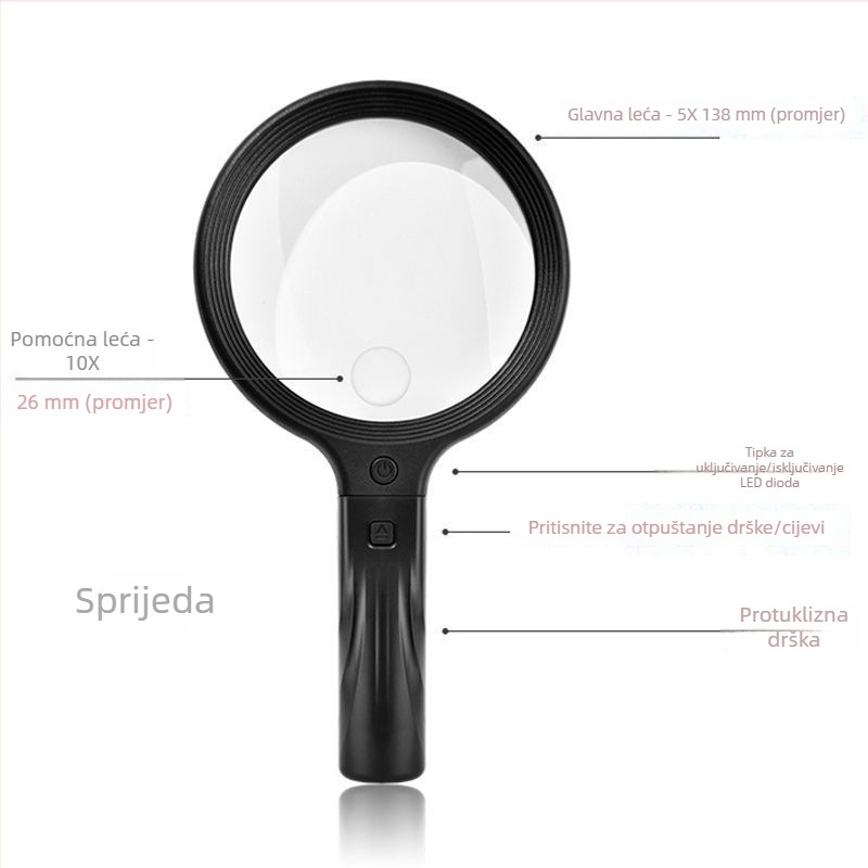 Punjaiva lupa za vrat s 30 LED dioda, 10x povećanje, leća 138 mm, stolna i ručna uporaba