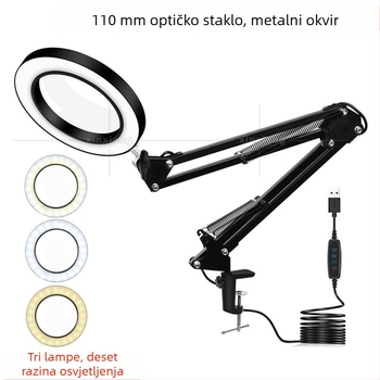 Stolna LED lampica s klipsom i staklenim povećalom 10x, tri boje, za čitanje, njegu ljepote (tetoviranje obrva), šivanje i popravke