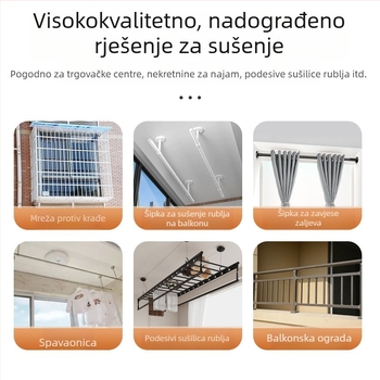 Teleskopska šipka za sušenje odjeće od nehrđajućeg čelika za balkon, gornja montaža s kukama