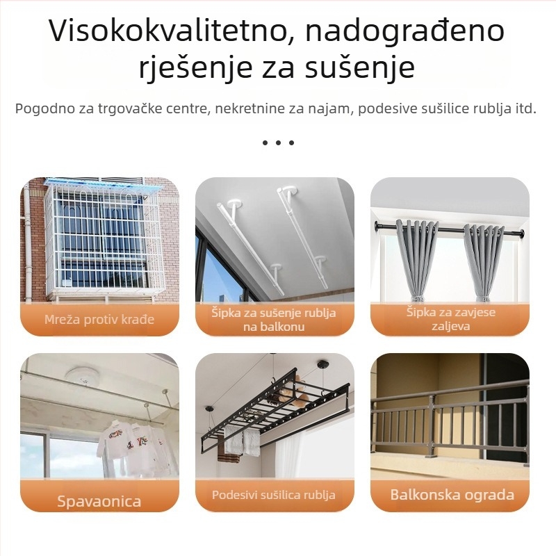 Teleskopska šipka za sušenje odjeće od nehrđajućeg čelika za balkon, gornja montaža s kukama