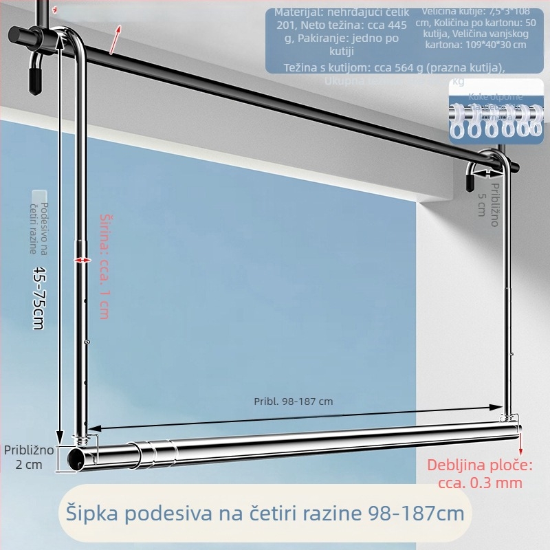 Teleskopska šipka za sušenje odjeće od nehrđajućeg čelika za balkon, gornja montaža s kukama