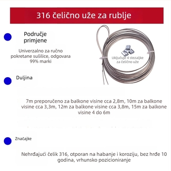 Regulirana sušilica za odjeću od nehrđajućeg čelika 304/316, žičana užad, balkonski ručni pogon, rezervni dio za unutarnju šipku za odjeću
