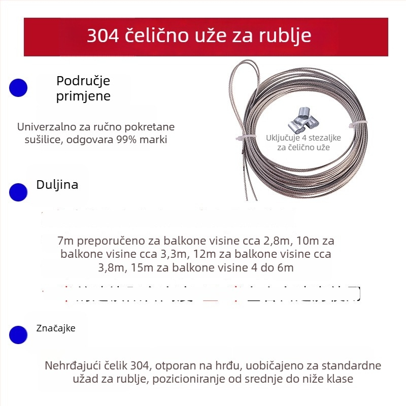 Regulirana sušilica za odjeću od nehrđajućeg čelika 304/316, žičana užad, balkonski ručni pogon, rezervni dio za unutarnju šipku za odjeću