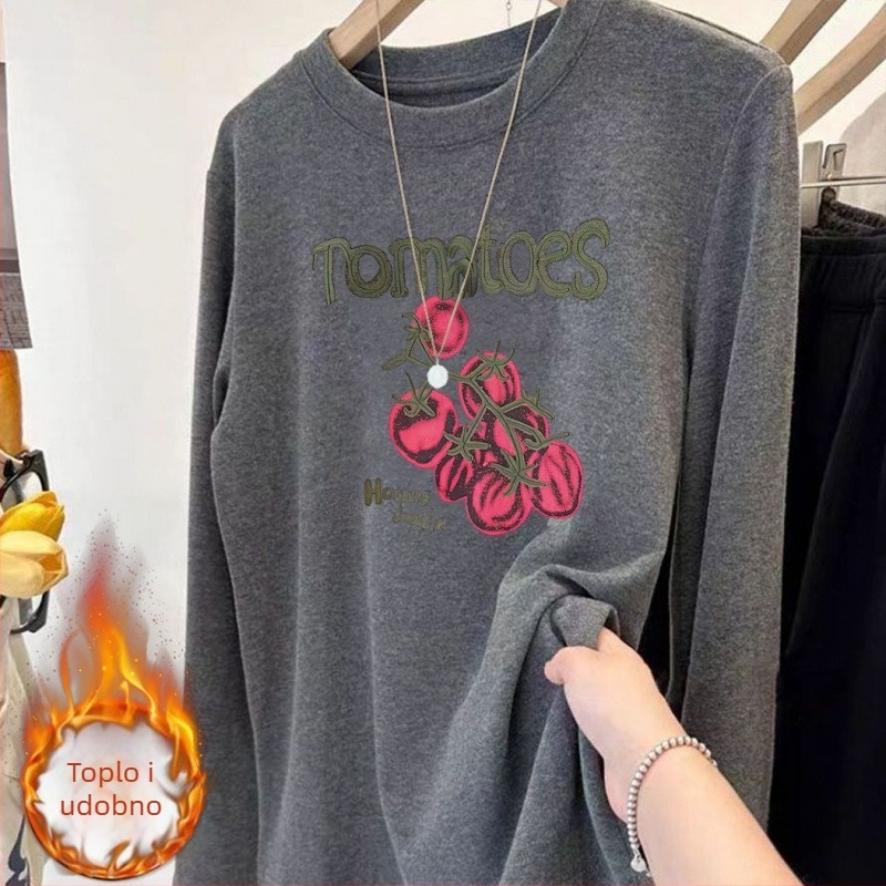 Ženska majica s okruglim izrezom, dugih rukava, od Derong velura, otisak, nišni dizajn, casual stil, toplo i udobno kao sloj za bazu
