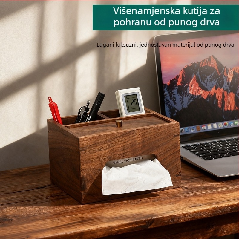 Kutija za maramice od masivnog drveta s prostorom za daljinski upravljač i stolni organizator