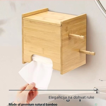 Zidni držač za maramice i papir od bambusa, s bočnim kukom za ručnike, od masivnog drveta