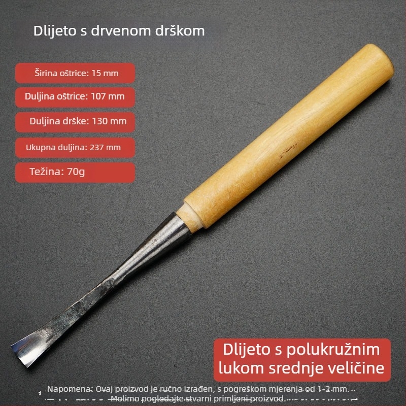 Polukružni dlijet za drvorez s drškom, lukasti oblik, oštrica od visokougljične čelika