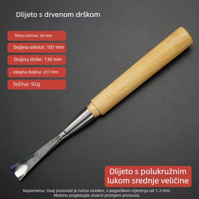 Polukružni dlijet za drvorez s drškom, lukasti oblik, oštrica od visokougljične čelika