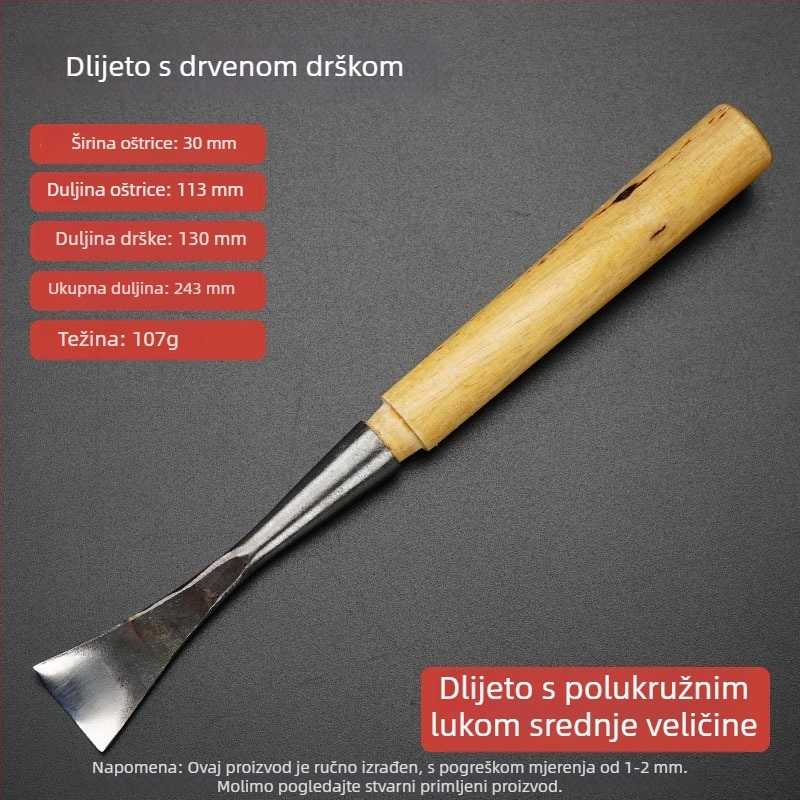 Polukružni dlijet za drvorez s drškom, lukasti oblik, oštrica od visokougljične čelika