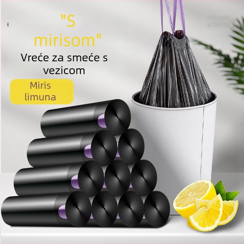Torbe za smeće s šnurom, s mirisom limuna, debele, otporne na kidanje, crne, za kupaonicu, kućno čišćenje, ekonomsko pakiranje, protiv mirisa